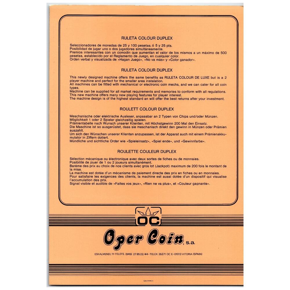 Oper Coin Ruleta Colour Duplex Arcade Machine Catalog 1980s - Picture 2 of 2